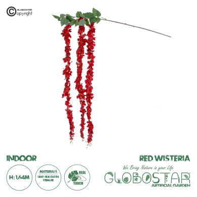 GloboStar® Artificial Garden RED WISTERIA FLOWER BRANCH 21519 Τεχνητό Διακοσμητικό κλαδί Βιστέρια Κόκκινο Φ45 x Υ164cm